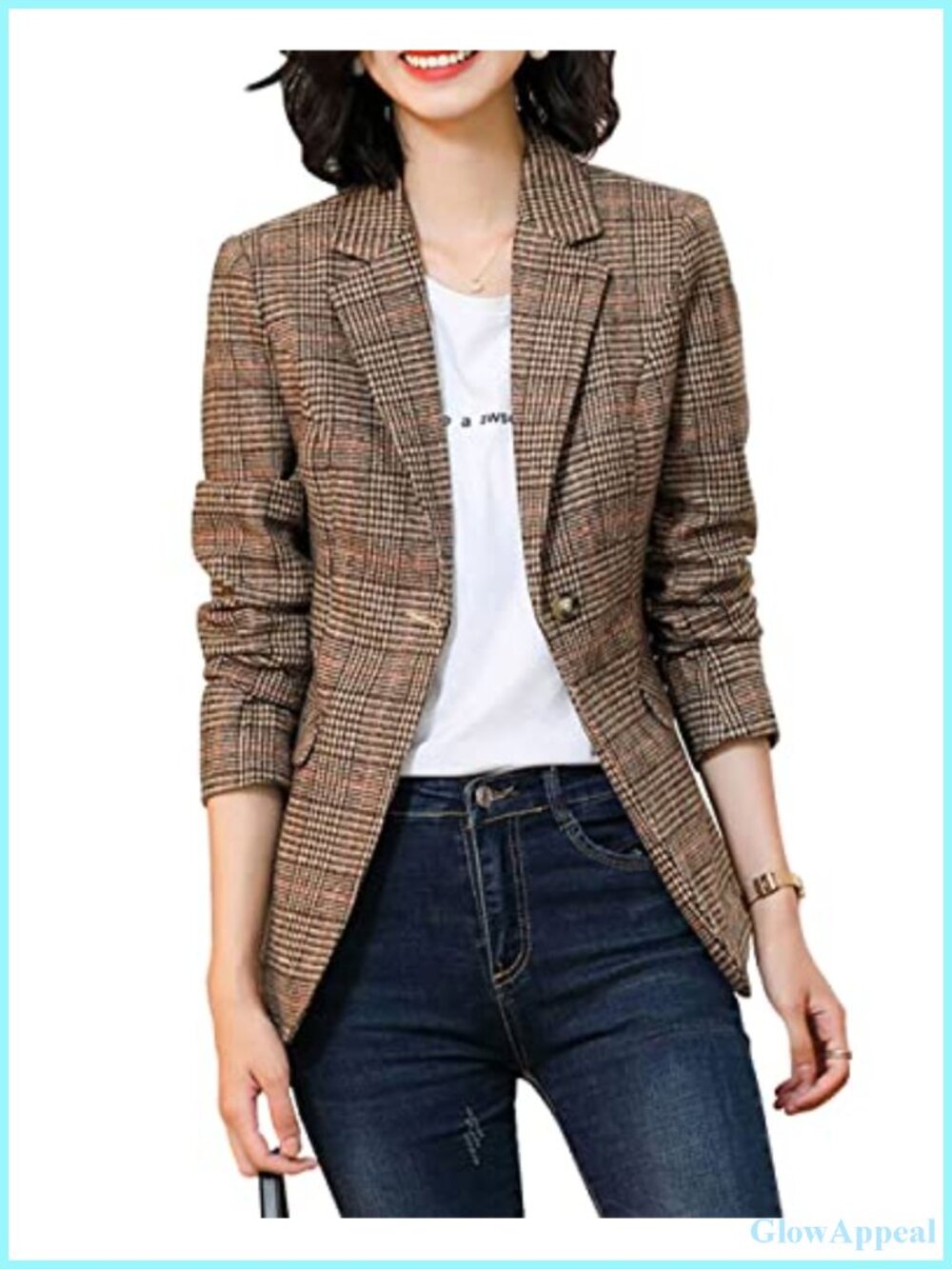 Double Breasted Houndstooth Plaid Slim Boyfriend Blazer Jacket